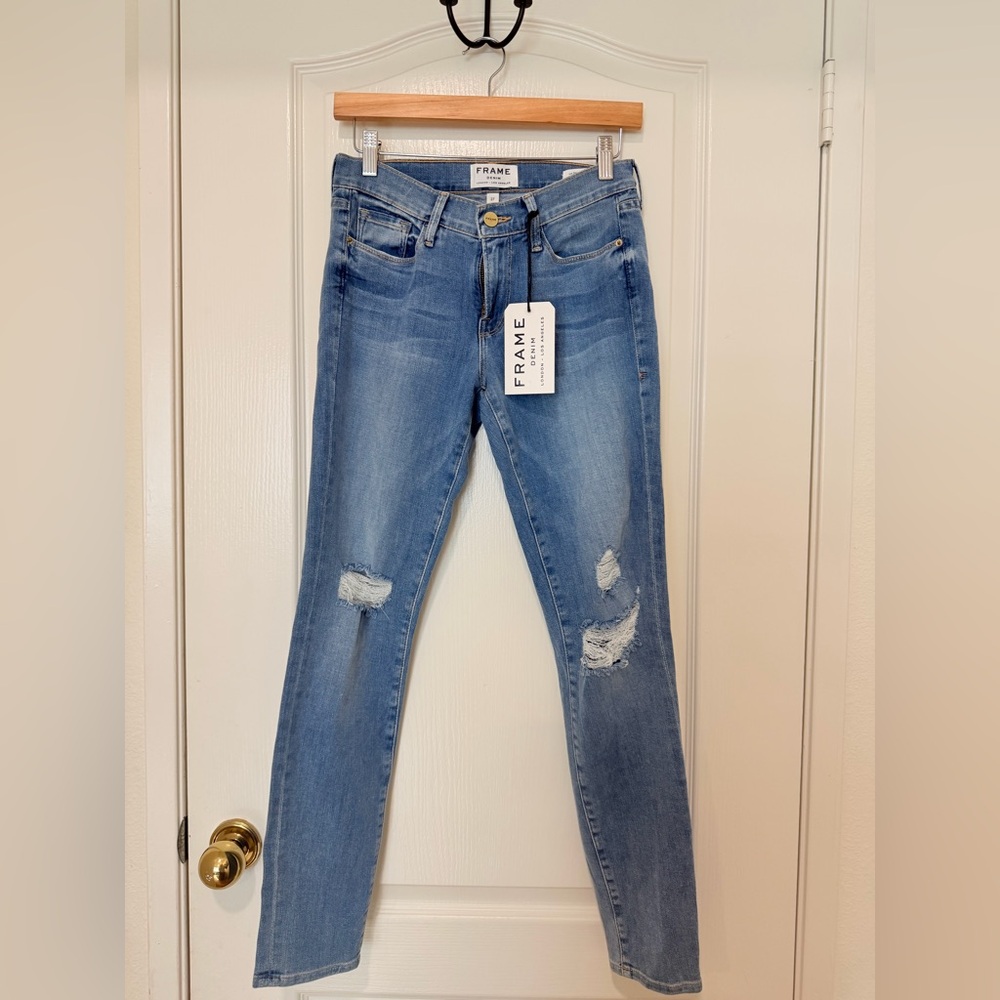 FRAME Le Skinny de Jeanne Jeans 27 Blue Distressed Mid Rise Stretch NWT